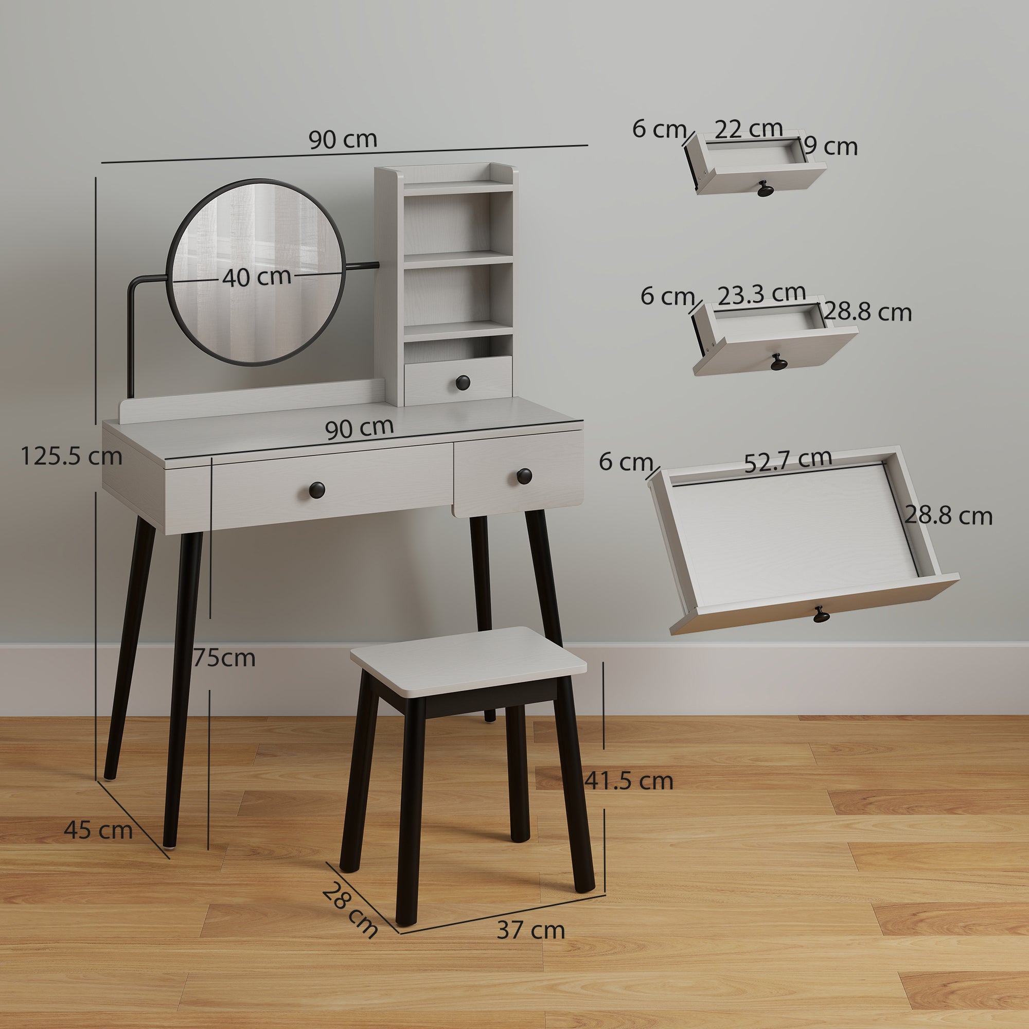 HOMCOM Dressing Table Set with Mirror and Stool, Vanity Makeup Table with 3 Drawers and Open Shelves for Bedroom, Living Room, Grey