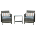 Outsunny 3 Pieces Rattan Bistro Set, Wicker Garden Furniture Set, Glass Top 2-tier Coffee Table and Chairs Set with Pillows and Washable Cushions for Outdoor, Patio, Balcony, Grey