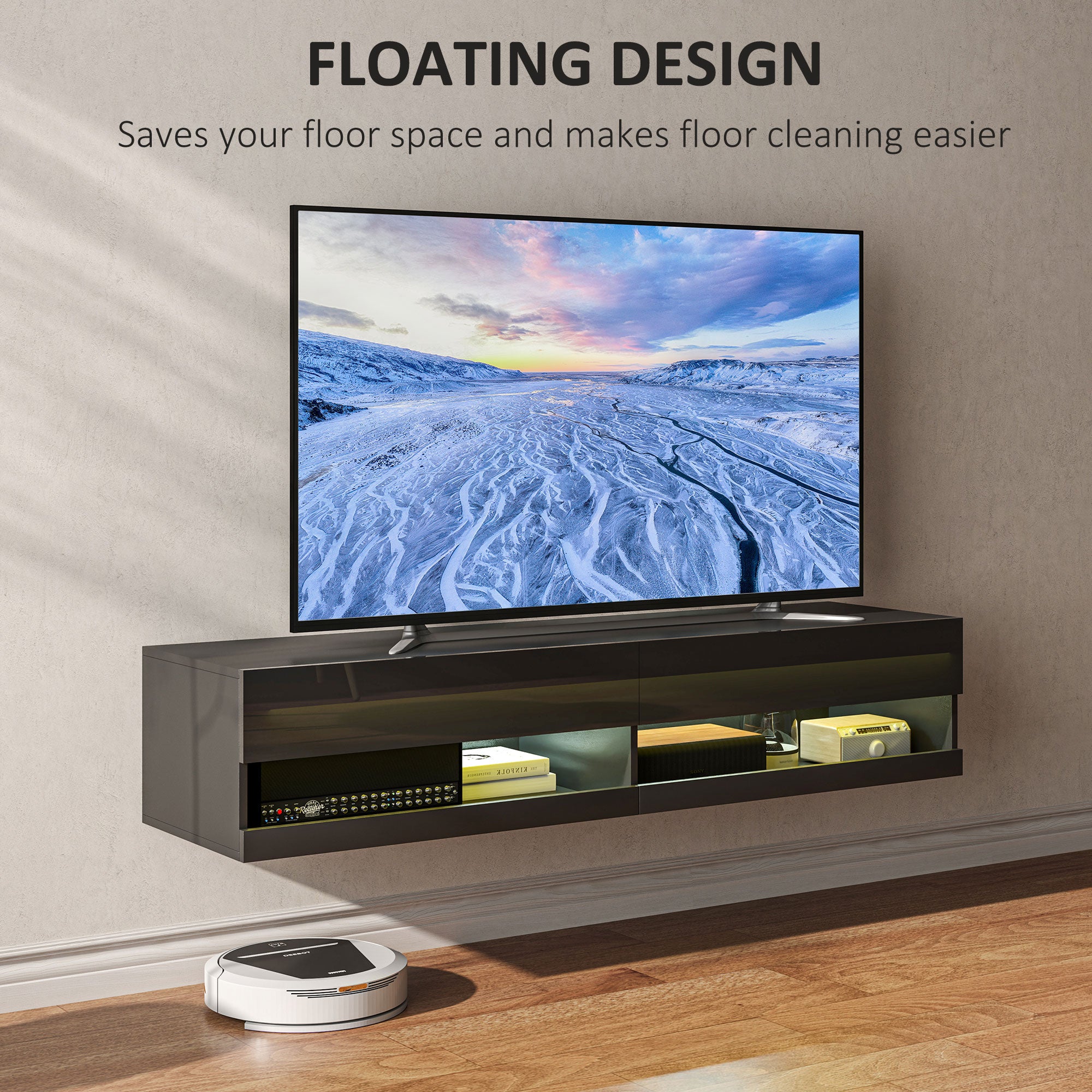 Floating TV Unit, Wall Mounted TV Cabinet for TVs up to 65", High Gloss Media Wall Unit with LED Lights, Storage Shelves, APP Control for Living Entertainment Room, Black