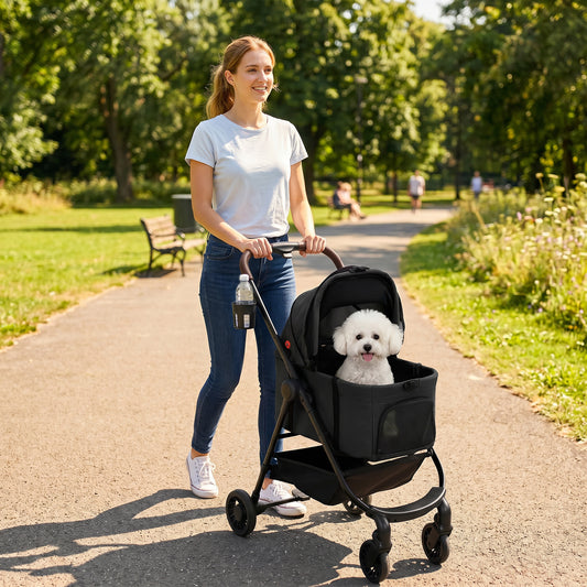 PawHut Dog Stroller, 3 in 1 Foldable Pet Stroller for Small Puppy Cat with Detachable Travel Carrier, Storage Basket, Black