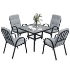 Outsunny 5 Pieces Outdoor Square Garden Dining Set w/ Tempered Glass Dining Table 4 Cushioned Armchairs, Umbrella Hole, Grey