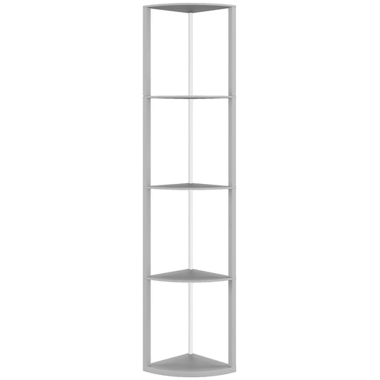 RGB LED Floor Lamp with Shelves, 5-Tier Dimmable Standing Lamp with Adjustable Brightness and Remote Control, Modern Corner Display Shelf Unit for Living Room Bedroom Office, Grey