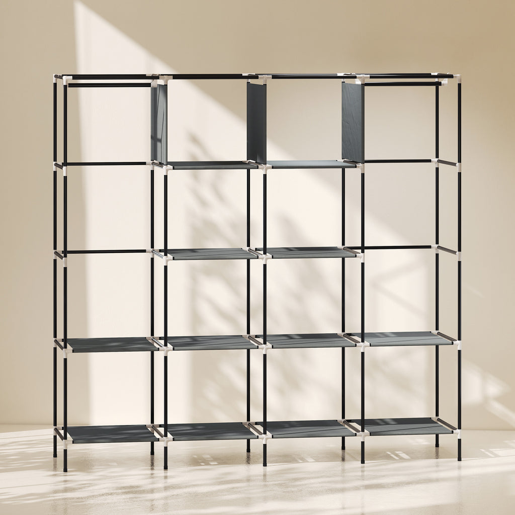 Fabric Wardrobe for Bedroom, Portable Cloth Wardrobe with 10 Compartments, 2 Hanging Rails and 4 Fabric Drawers, 166 x 42.5 x 169.5cm, Dark Grey
