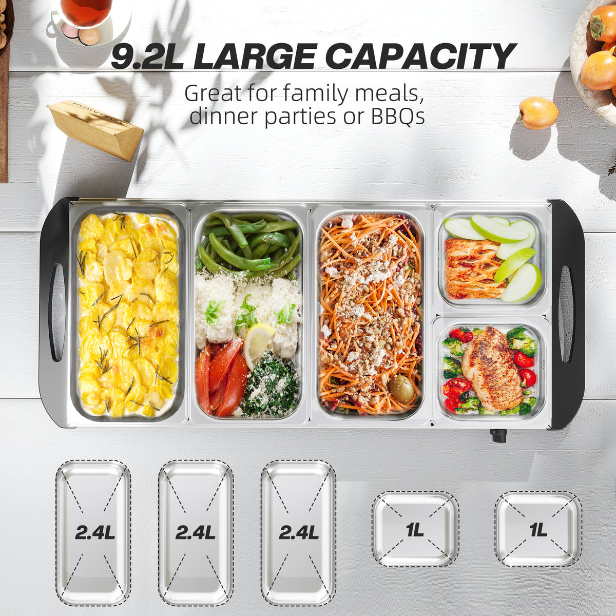 5 Tray Electric Food Warmer Buffet Server with Warming Plate, Cool Touch Handles, Adjustable Temperature, 300W, 3 x 2.4L and 2 x 1L Pans