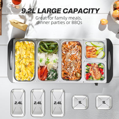 5 Tray Electric Food Warmer Buffet Server with Warming Plate, Cool Touch Handles, Adjustable Temperature, 300W, 3 x 2.4L and 2 x 1L Pans