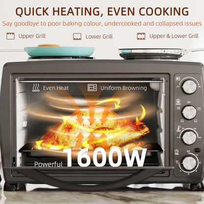 36L Small Oven with 2 Hot Plates, Countertop Toaster Oven, Grill, Roast, Bake, Boil, with Timer, Adjustable Temperature, Electric Oven with Baking Tray, Grill Rack, Crumb Tray, 2600W, Black