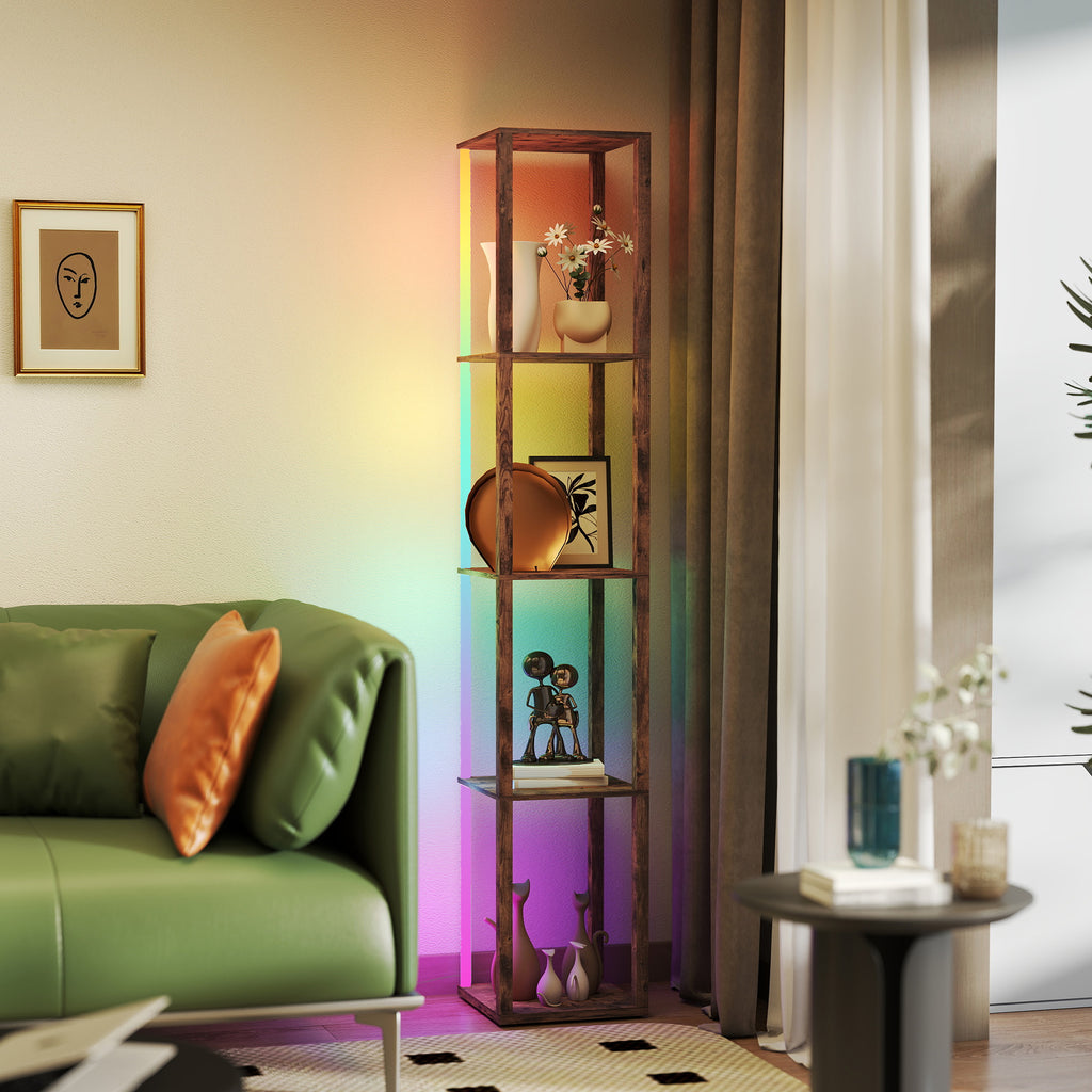 RGB LED Floor Lamp with Shelves, Modern Dimmable Standing Lamp with Remote Control, Adjustable Brightness & Speed for Living Room, Bedroom, Office, Rustic Brown