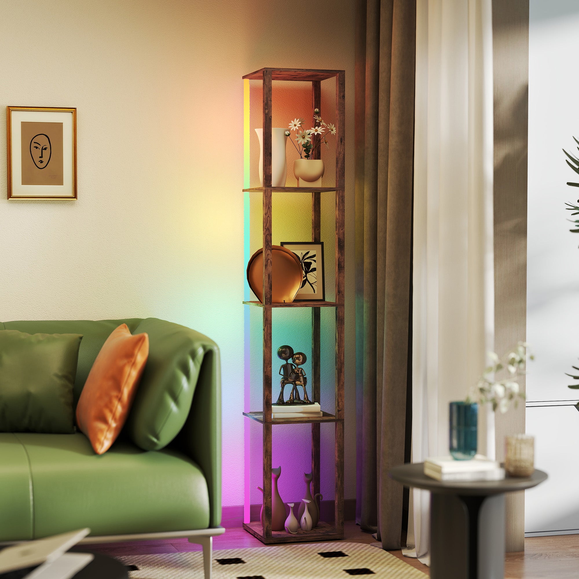 RGB LED Floor Lamp with Shelves, Modern Dimmable Standing Lamp with Remote Control, Adjustable Brightness & Speed for Living Room, Bedroom, Office, Rustic Brown