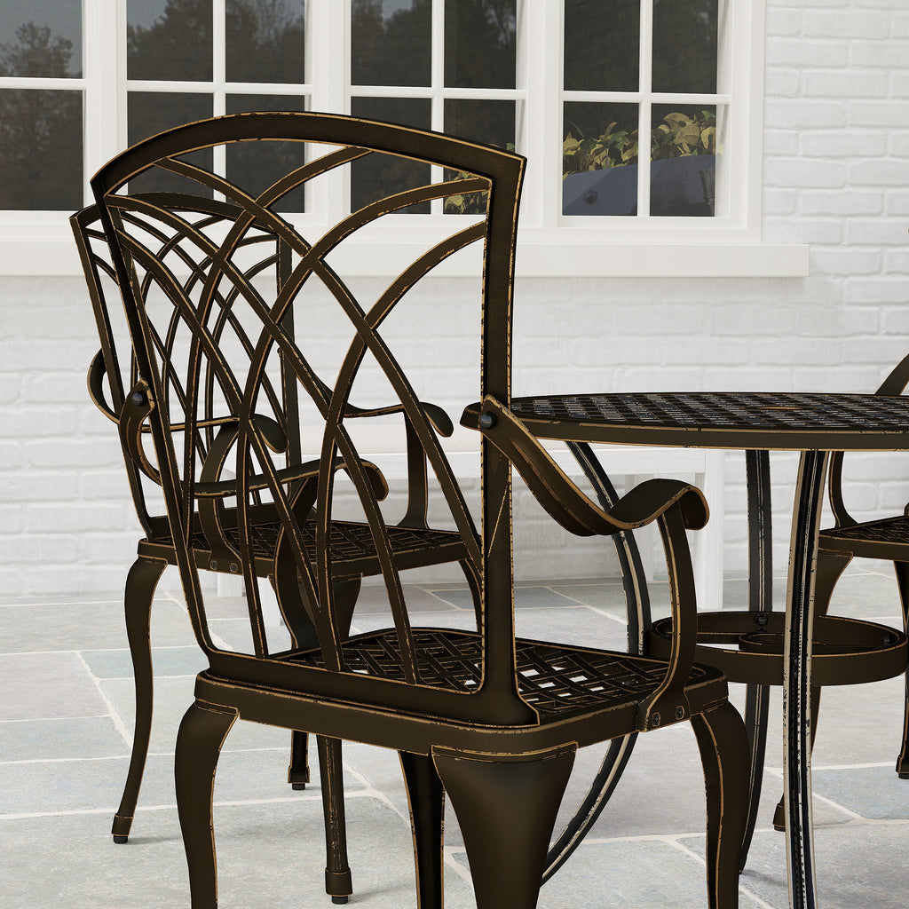 Outsunny 5 Pieces Garden Dining Set for 4, Cast Aluminium Outdoor Dining Set with 4 Armchairs and Round Dining Table with Parasol Hole, Garden Furniture Bistro Set, Bronze Tone