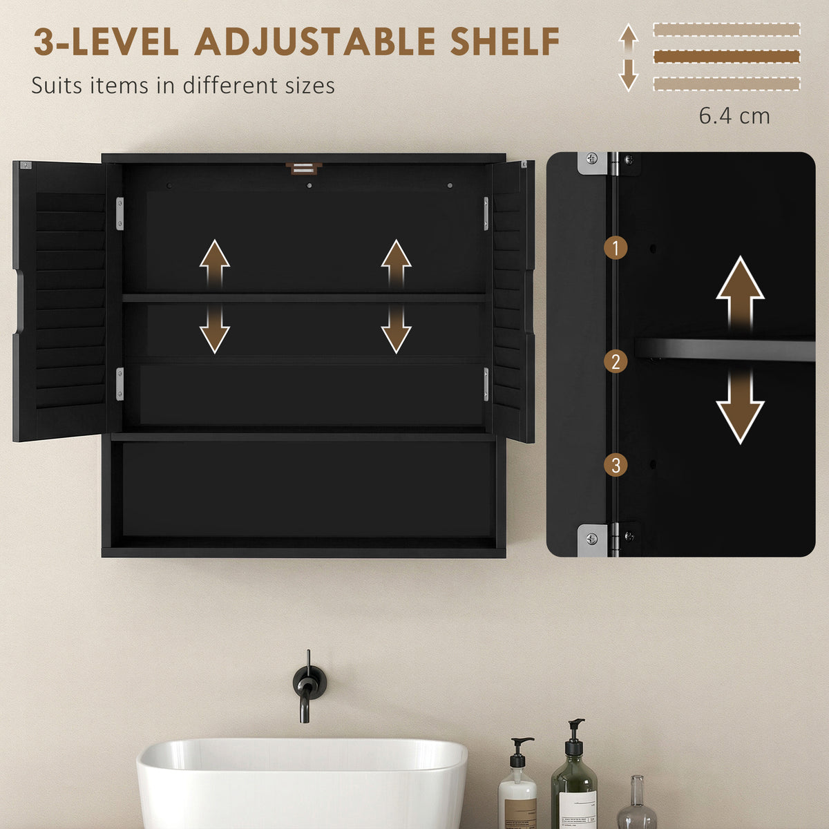Bathroom Cabinet, Wall Mounted Storage Cabinet with Adjustable Shelves, 60 x 20 x 60 cm, Black