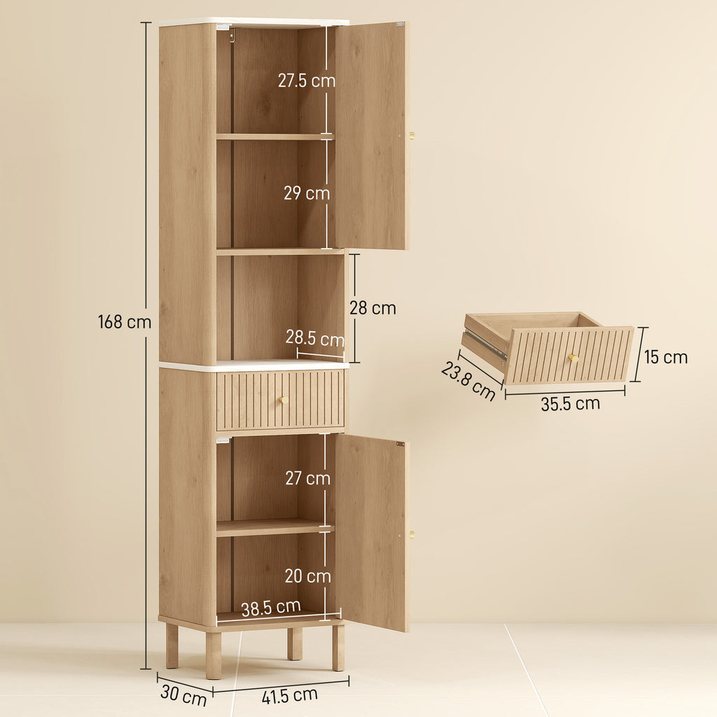 HOMCOM Slim Bathroom Cabinet with Silent Drawer Rail for Scandinavian, Japanese Styles - Wood-Effect