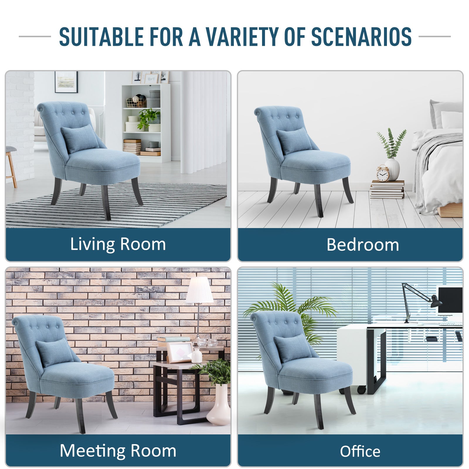 HOMCOM Tub Chair, Armless Single Sofa, Modern Button Tufted Armchair, Upholstered Linen Fabric Longue Accent Chair for Living Room, Bedroom, Set of 2, Blue
