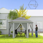 Outsunny 3 x 4m Garden Gazebo Hexagon Pop Up Gazebo Party Tent Canopy Double Roof Instant Shelter with Netting and Carry Bag for Outdoor Patio, Dark Grey