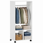 Open Wardrobe on Wheels, Bedroom Wardrobe with Clothes Hanging Rail, 2 Storage Shelves, Mobile Garment Rack for Cloakroom, Hallway, White