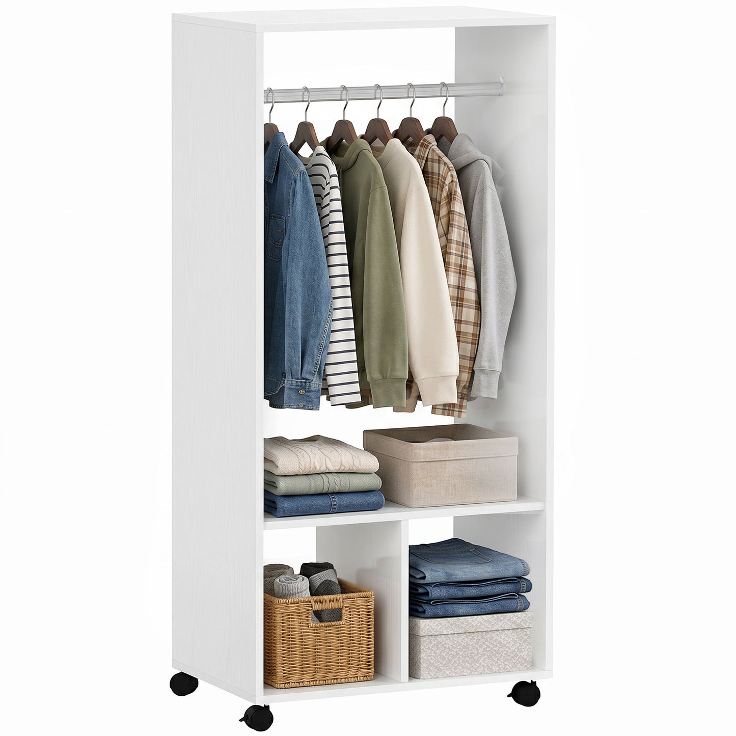 Open Wardrobe on Wheels, Bedroom Wardrobe with Clothes Hanging Rail, 2 Storage Shelves, Mobile Garment Rack for Cloakroom, Hallway, White