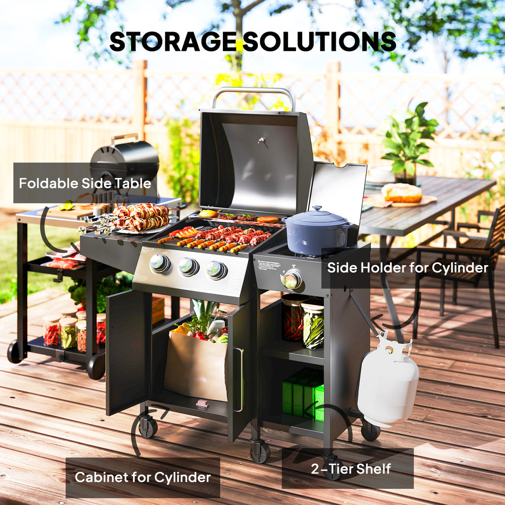 Outsunny 3+1 Burner Gas BBQ Grill with Storage Cabinet and Shelves, 9.5 kW Gas Barbecue Trolley with 6 Castor Wheels, Warming Rack, Thermometer for Outdoor Cooking Garden Party, Black