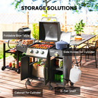 Outsunny 3+1 Burner Gas BBQ Grill with Storage Cabinet and Shelves, 9.5 kW Gas Barbecue Trolley with 6 Castor Wheels, Warming Rack, Thermometer for Outdoor Cooking Garden Party, Black