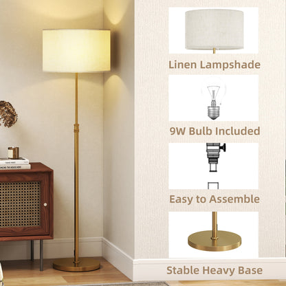 Floor Lamp with Remote, Height Adjustable Standing Lamp with Linen Shade, Dimmable with 3000K-6000K Adjustable Colour Temperatures, Foot Switch for Living Room Bedroom Office, Gold Tone