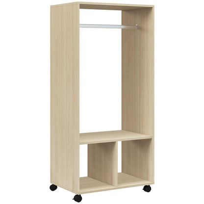 Open Wardrobe on Wheels, Bedroom Wardrobe with Clothes Hanging Rail, 2 Storage Shelves, Mobile Garment Rack for Cloakroom, Hallway, Natural