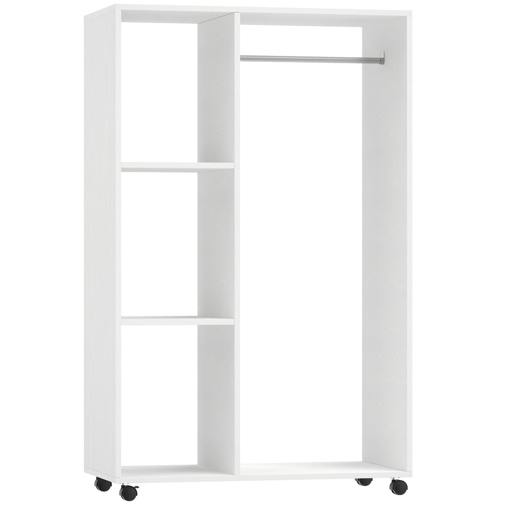 Open Wardrobe on Wheels, Bedroom Wardrobe with Clothes Hanging Rail, 3 Storage Shelves, Mobile Garment Rack for Cloakroom, Hallway, White