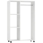 Open Wardrobe on Wheels, Bedroom Wardrobe with Clothes Hanging Rail, 3 Storage Shelves, Mobile Garment Rack for Cloakroom, Hallway, White