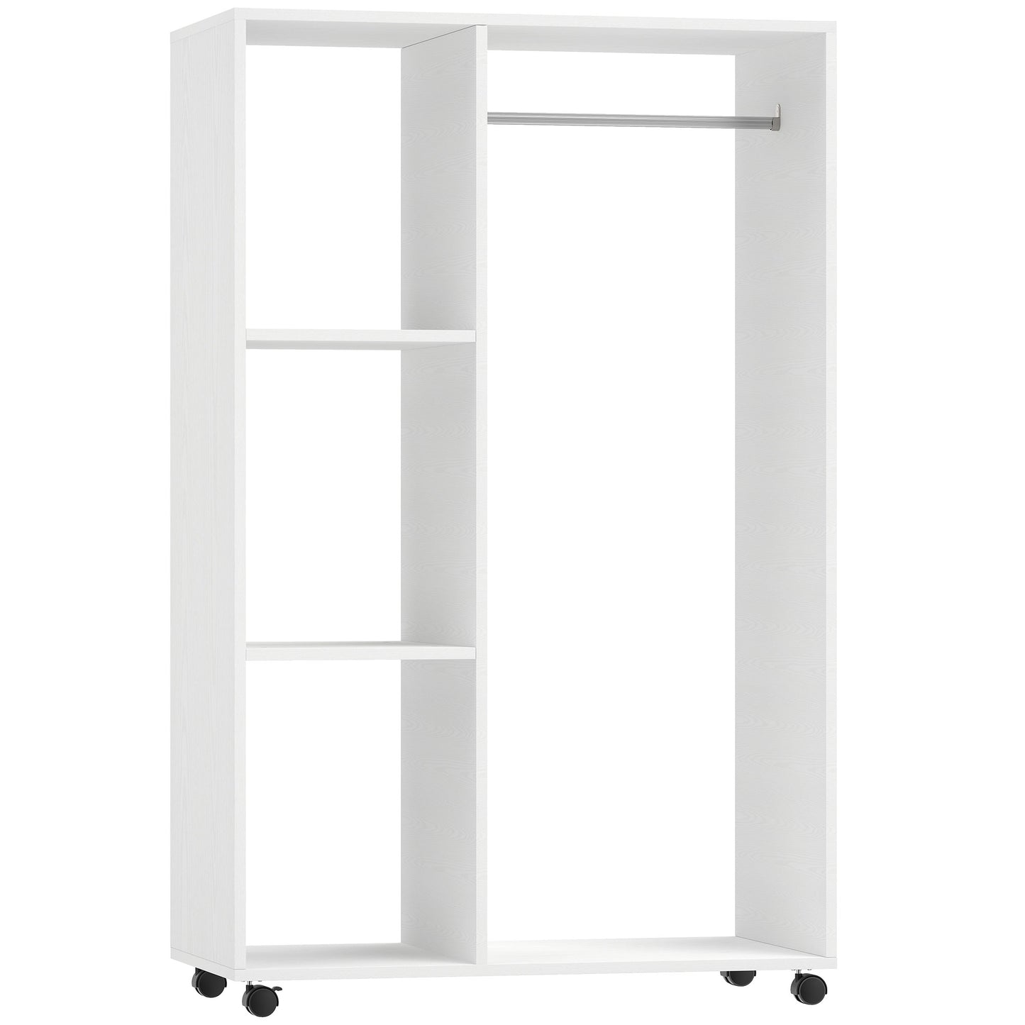Open Wardrobe on Wheels, Bedroom Wardrobe with Clothes Hanging Rail, 3 Storage Shelves, Mobile Garment Rack for Cloakroom, Hallway, White