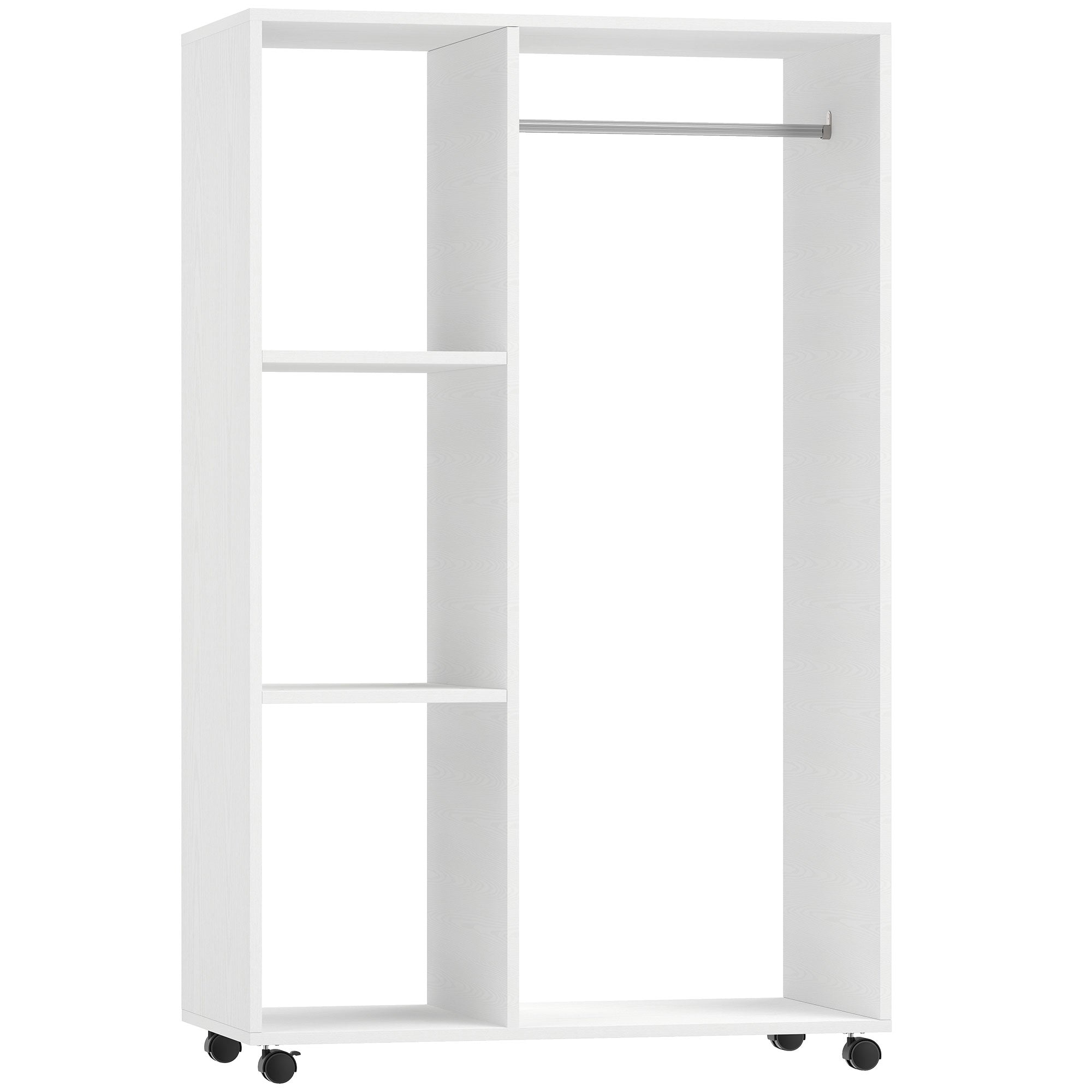 Open Wardrobe on Wheels, Bedroom Wardrobe with Clothes Hanging Rail, 3 Storage Shelves, Mobile Garment Rack for Cloakroom, Hallway, White