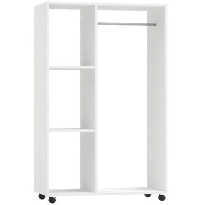 Open Wardrobe on Wheels, Bedroom Wardrobe with Clothes Hanging Rail, 3 Storage Shelves, Mobile Garment Rack for Cloakroom, Hallway, White