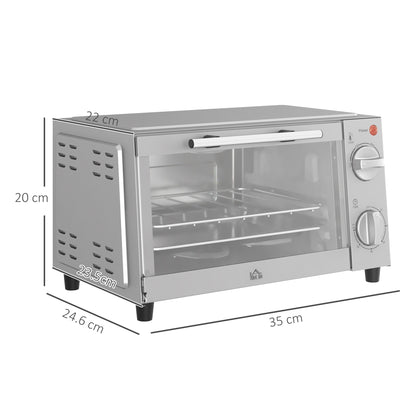 Mini Oven, 9L Countertop Electric Grill, Toaster Oven with Adjustable Temperature, Timer, Dishwasher Safe Baking Tray and Wire Rack, 750W, Silver