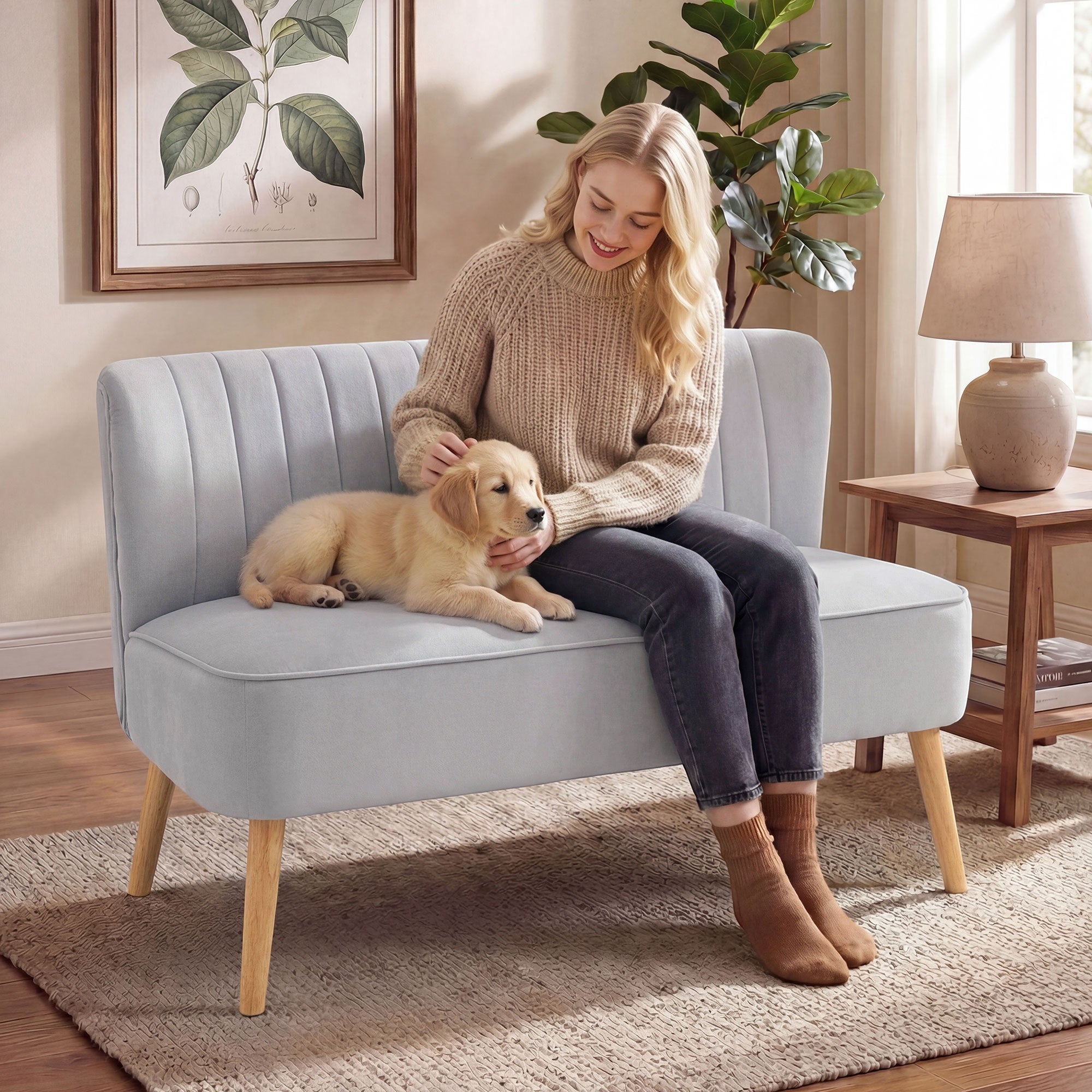 HOMCOM Modern Velvet Double Seat Sofa w/ Wood Frame Foam Padding Soft Comfortable Compact Couch Light Grey