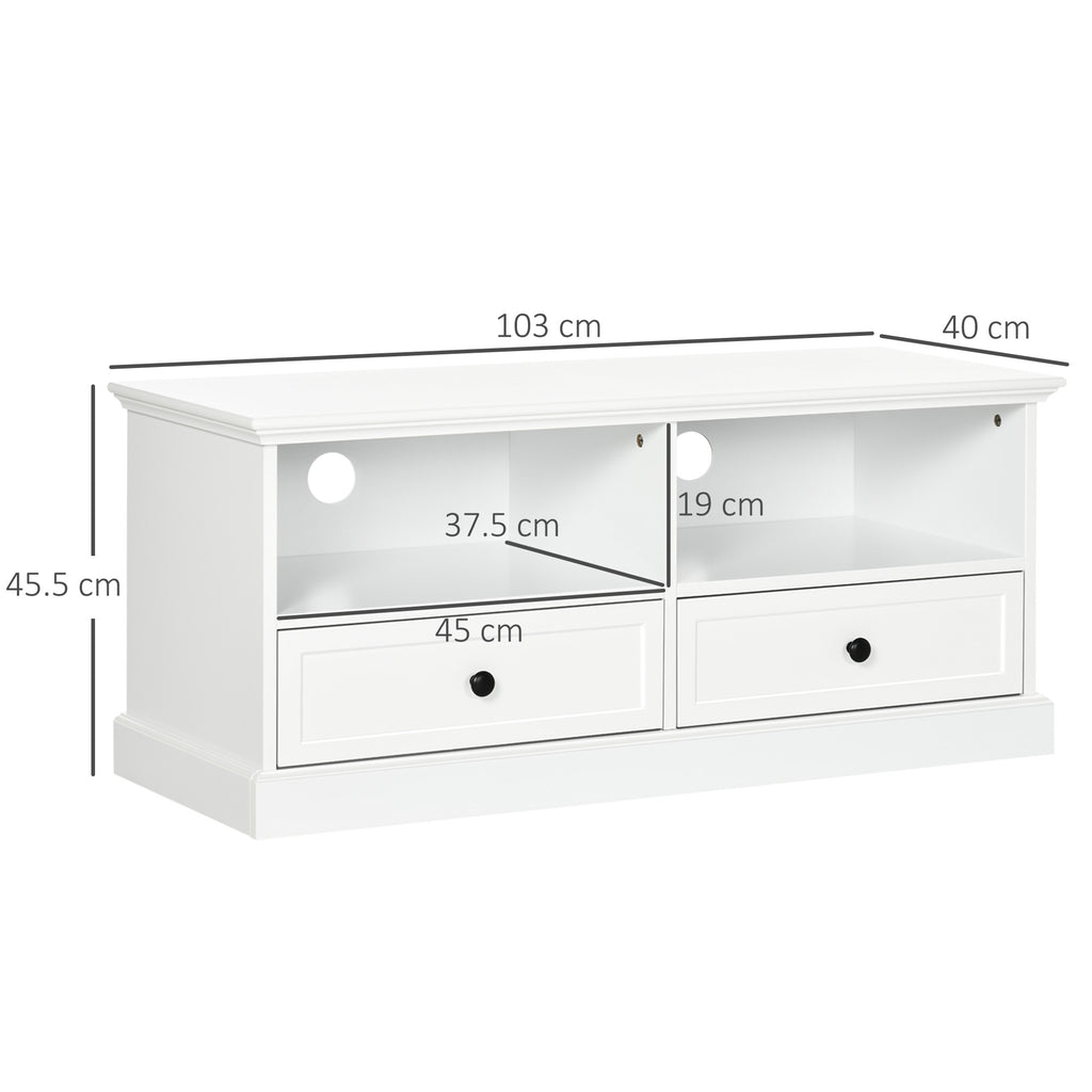Modern TV Unit Cabinet for TVs up to 45 Inches, TV Stand with Drawers, Open Shelves, Cable Holes for Living Room, White
