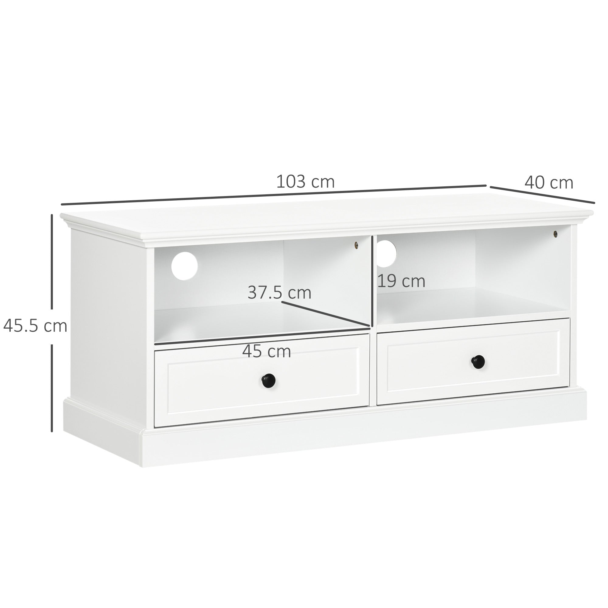 Modern TV Unit Cabinet for TVs up to 45 Inches, TV Stand with Drawers, Open Shelves, Cable Holes for Living Room, White