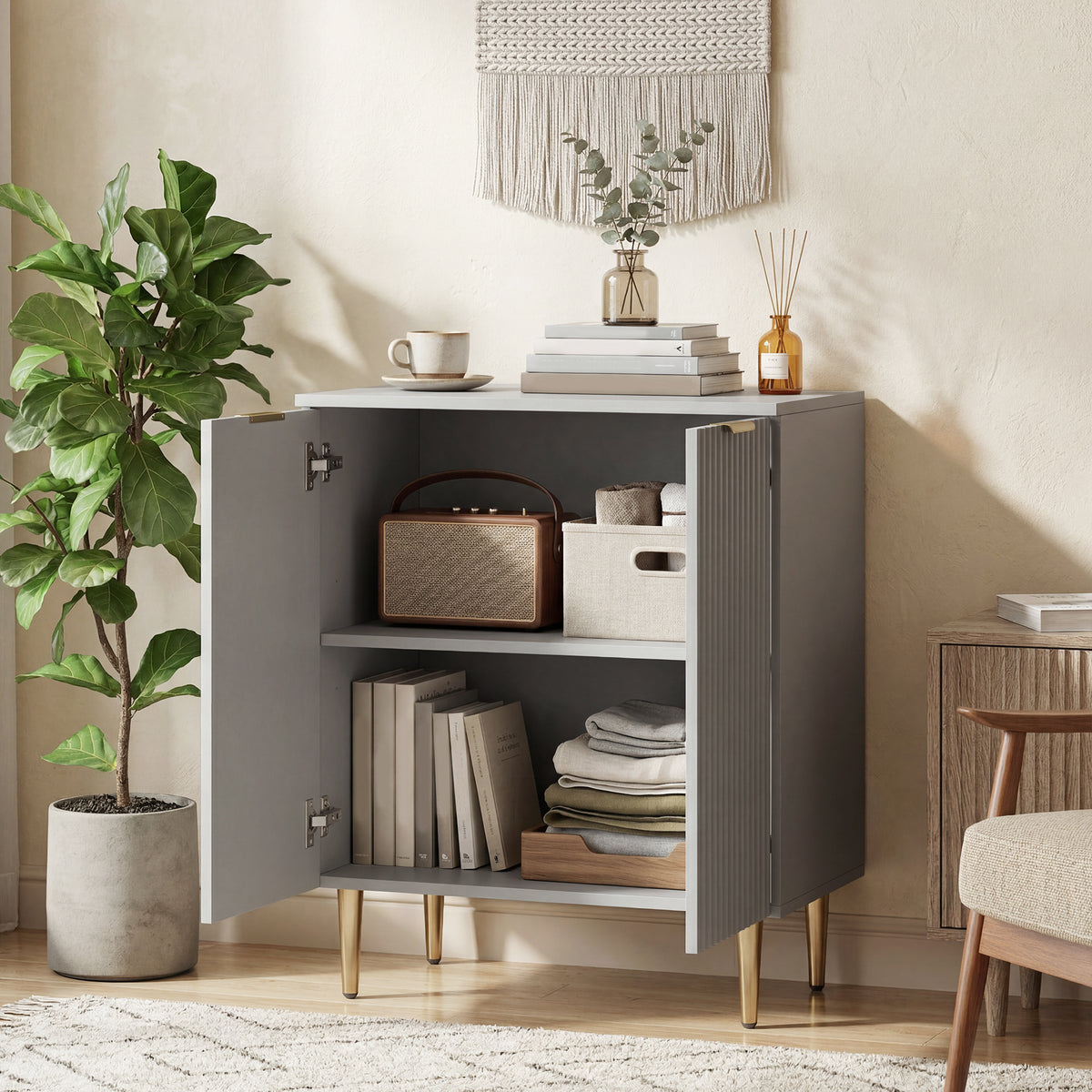 Sideboard Buffet Cabinet, Modern Kitchen Storage Cabinet with Adjustable Shelf and Metal Legs, Grey