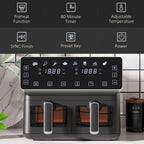 8L Dual Basket Air Fryer, 8-in-1 Air Fryer Oven with Digital Display, Visible, Timer, Preheat for Oil Free Low Fat Cooking, 2500W, Sync Finish, Sliver