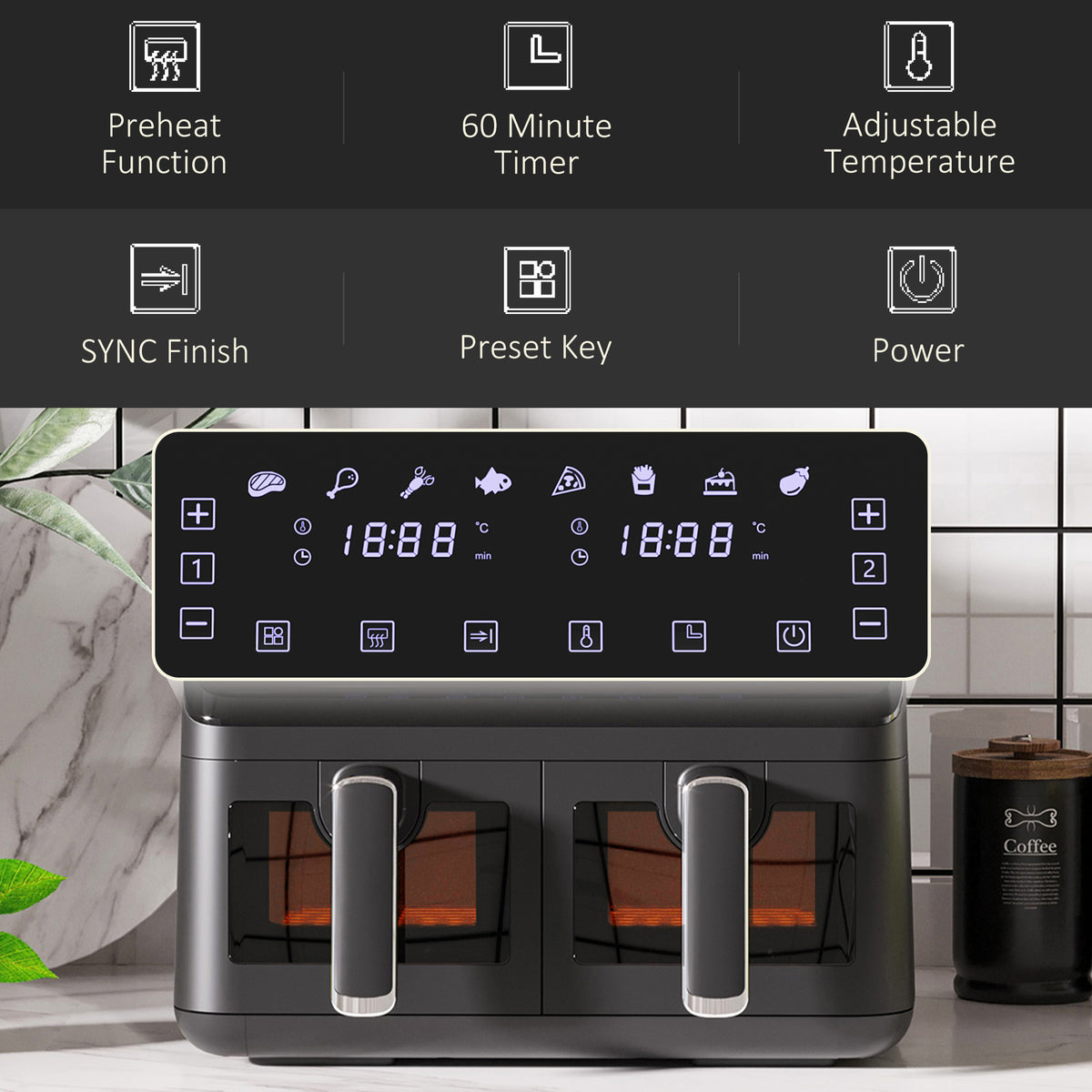 8L Dual Basket Air Fryer, 8-in-1 Air Fryer Oven with Digital Display, Visible, Timer, Preheat for Oil Free Low Fat Cooking, 2500W, Sync Finish, Sliver