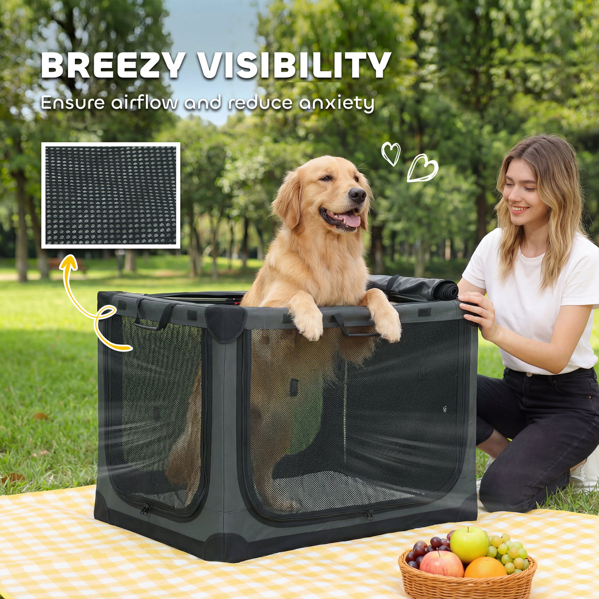 PawHut Soft Dog Crate Pet Travel Crate 90 x 64 x 64 cm with Removable Pad Mesh Window Army Green