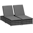 Outsunny PE Rattan Sun Loungers with Cushion, Outdoor Garden Sunbed Furniture with 5-Level Recliner Backrest, and Armrest, Set of 2, Grey