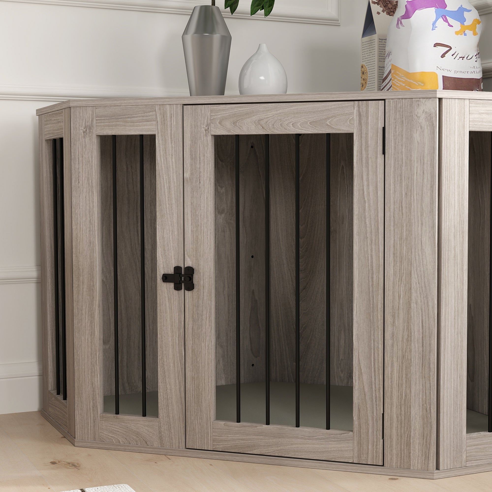 PawHut Dog Crate Furniture Side Table, with Cushion, 122 x 61 x 71cm - Walnut Brown