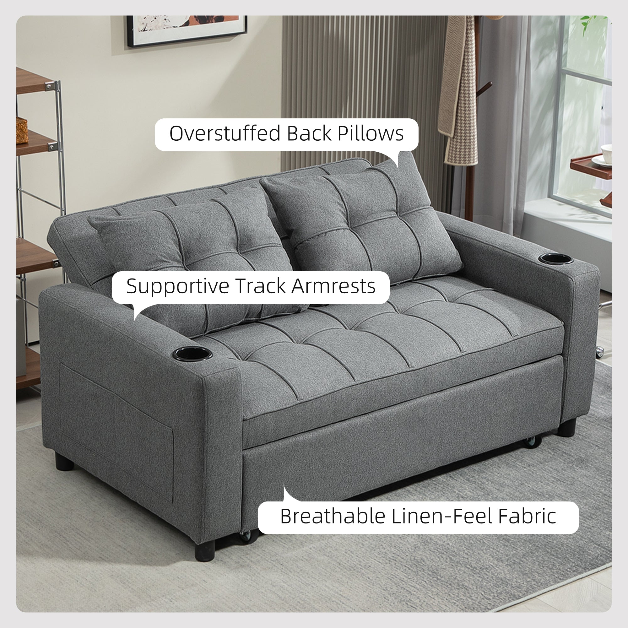 HOMCOM 2 Seater Sofa Bed Pull-Out Sofa Bed for Small Space - Charcoal Grey