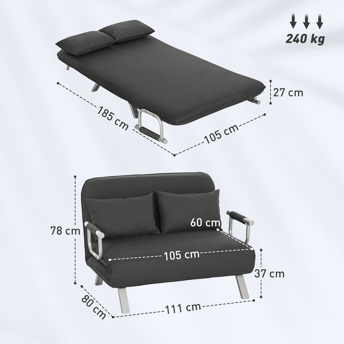 Two-Seater Click-Clack Sofa Bed - Charcoal Grey