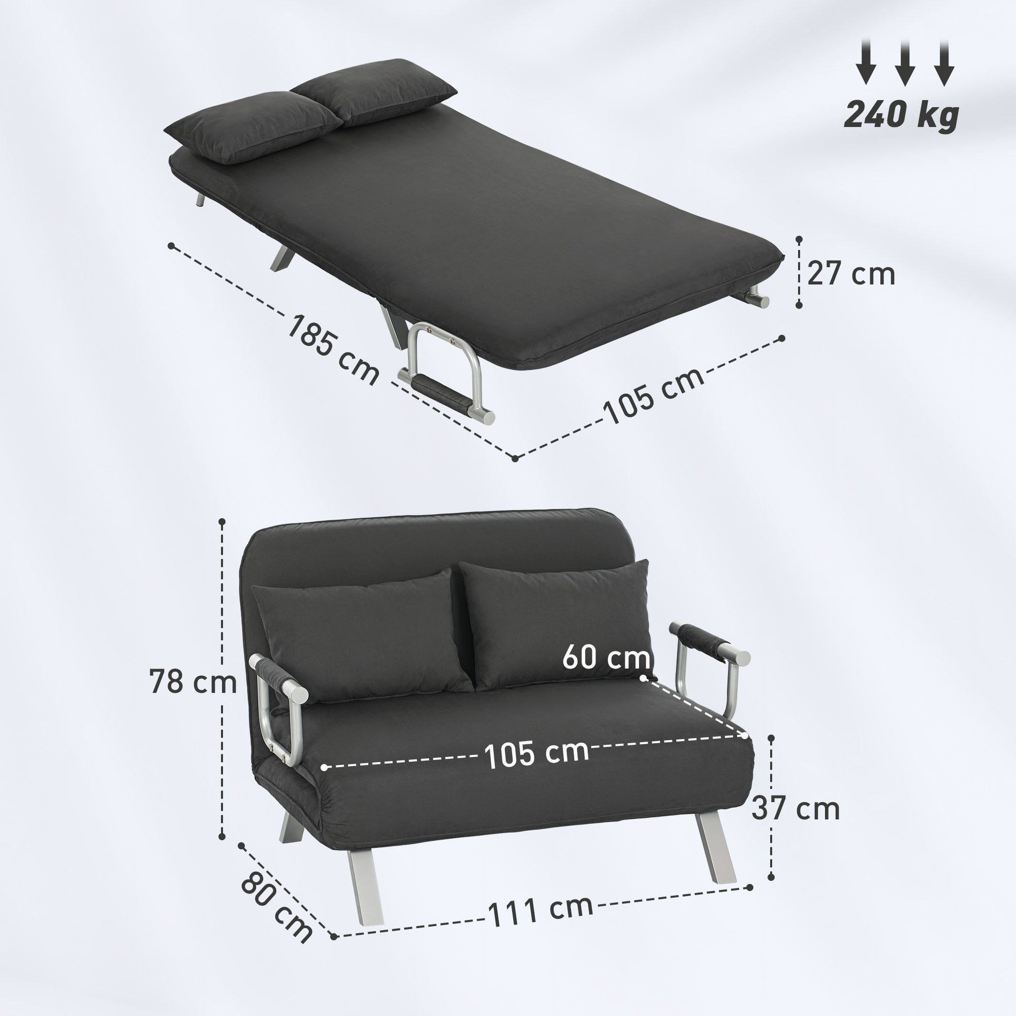 HOMCOM Two-Seater Click-Clack Sofa Bed - Charcoal Grey