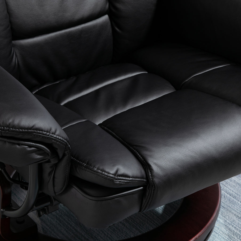 HOMCOM Recliner Chair With footstool, Recliner Armchair up to 130kg Weight Capacity, 135° Reclining Swivel Sofa Chair, PU Leather Ergonomic Couch Bed with Swivel Wood Base for Living Room, Black