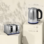 Kettle and Toaster Set, 1.7L 3000W Rapid Boil Jug Kettle with Otter Thermostat, Limescale Filter, 4 Slice Toaster with 7 Browning Controls, Crumb Tray, LED Strip, Silver Tone