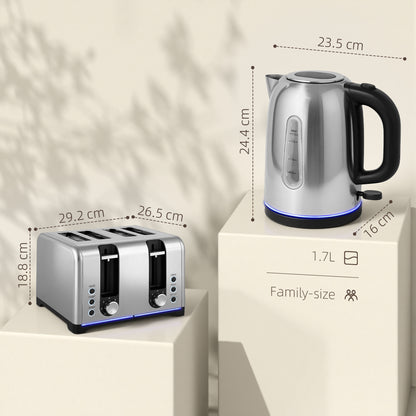 Kettle and Toaster Set, 1.7L 3000W Rapid Boil Jug Kettle with Otter Thermostat, Limescale Filter, 4 Slice Toaster with 7 Browning Controls, Crumb Tray, LED Strip, Silver Tone