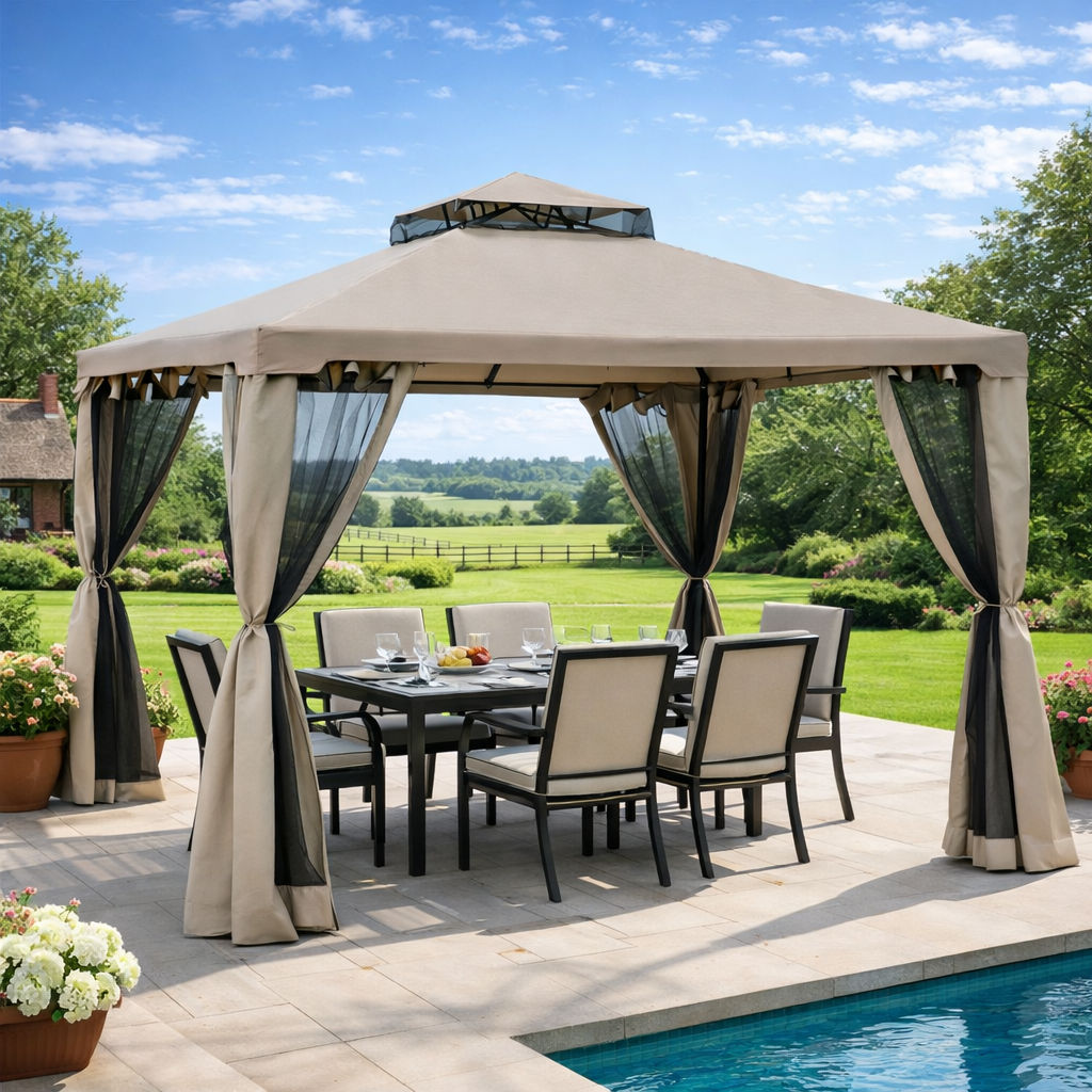 Outsunny Outdoor Gazebo, 2-tier Roof with Netting, 295L x 295W x 263Hcm-Taupe
