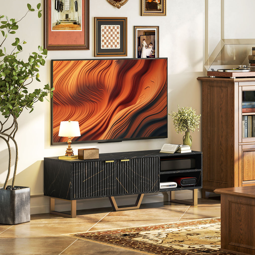 Marble Effect TV Unit, Modern TV Stand Cabinet for up to 70" TVs, with Shelves and Storage Cupboard, Fluted Door, Extra Centre Leg, Cable Management for Living Room, Black