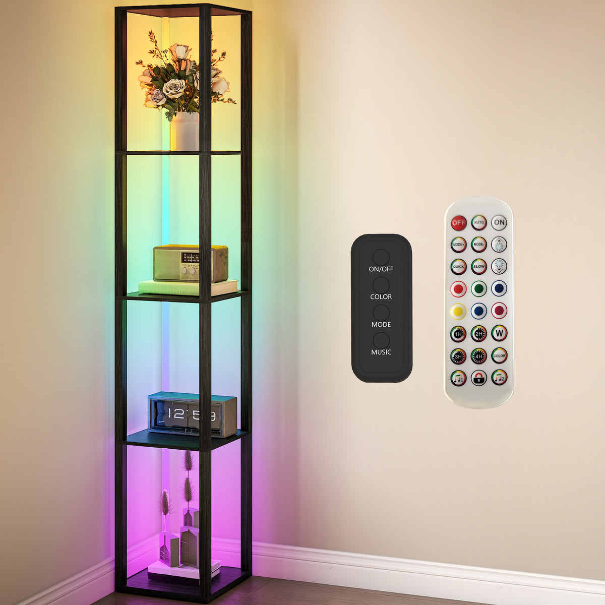 RGB LED Floor Lamp with Shelves, Modern Dimmable Standing Lamp with Remote Control, Adjustable Brightness & Speed for Living Room, Bedroom, Office, Black