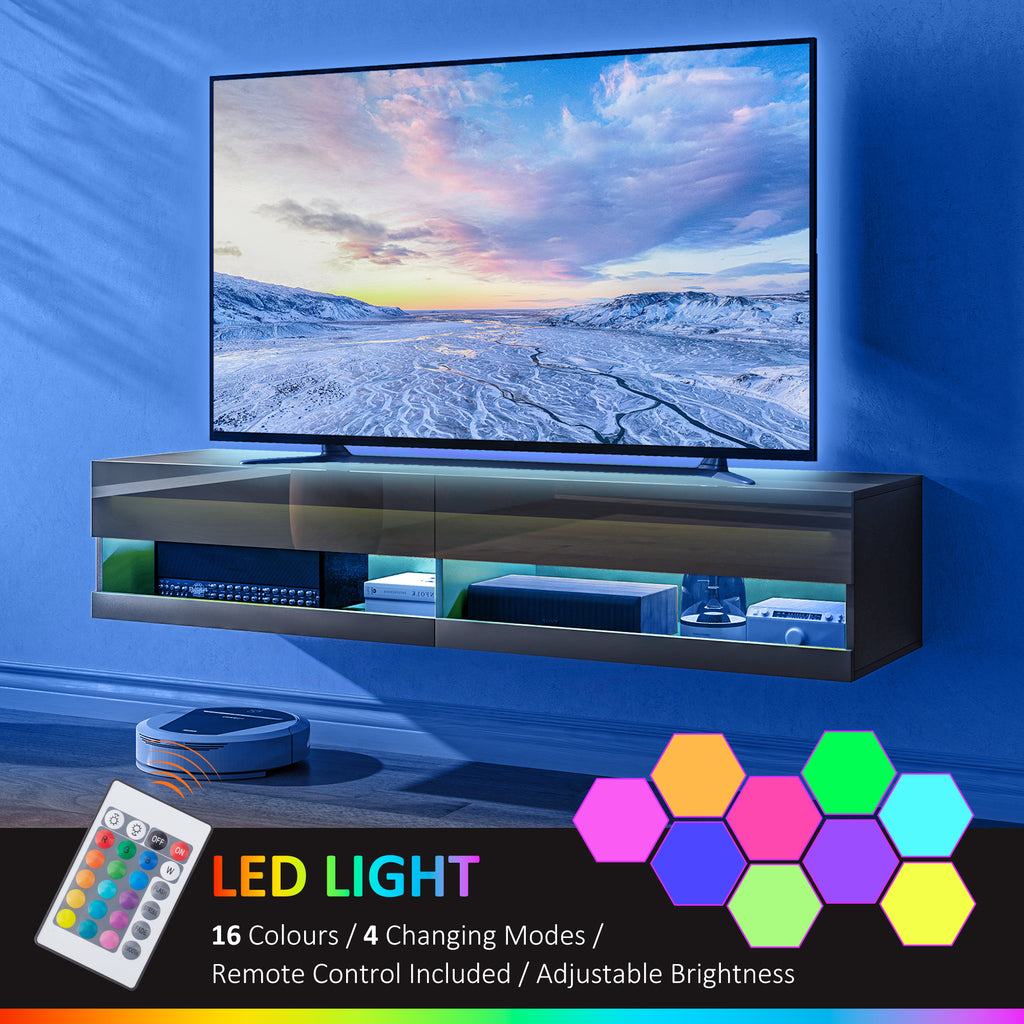 Floating TV Unit, Wall Mounted TV Cabinet for TVs up to 65", High Gloss Media Wall Unit with LED Lights, Storage Shelves, APP Control for Living Entertainment Room, Black