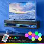 Floating TV Unit, Wall Mounted TV Cabinet for TVs up to 65", High Gloss Media Wall Unit with LED Lights, Storage Shelves, APP Control for Living Entertainment Room, Black