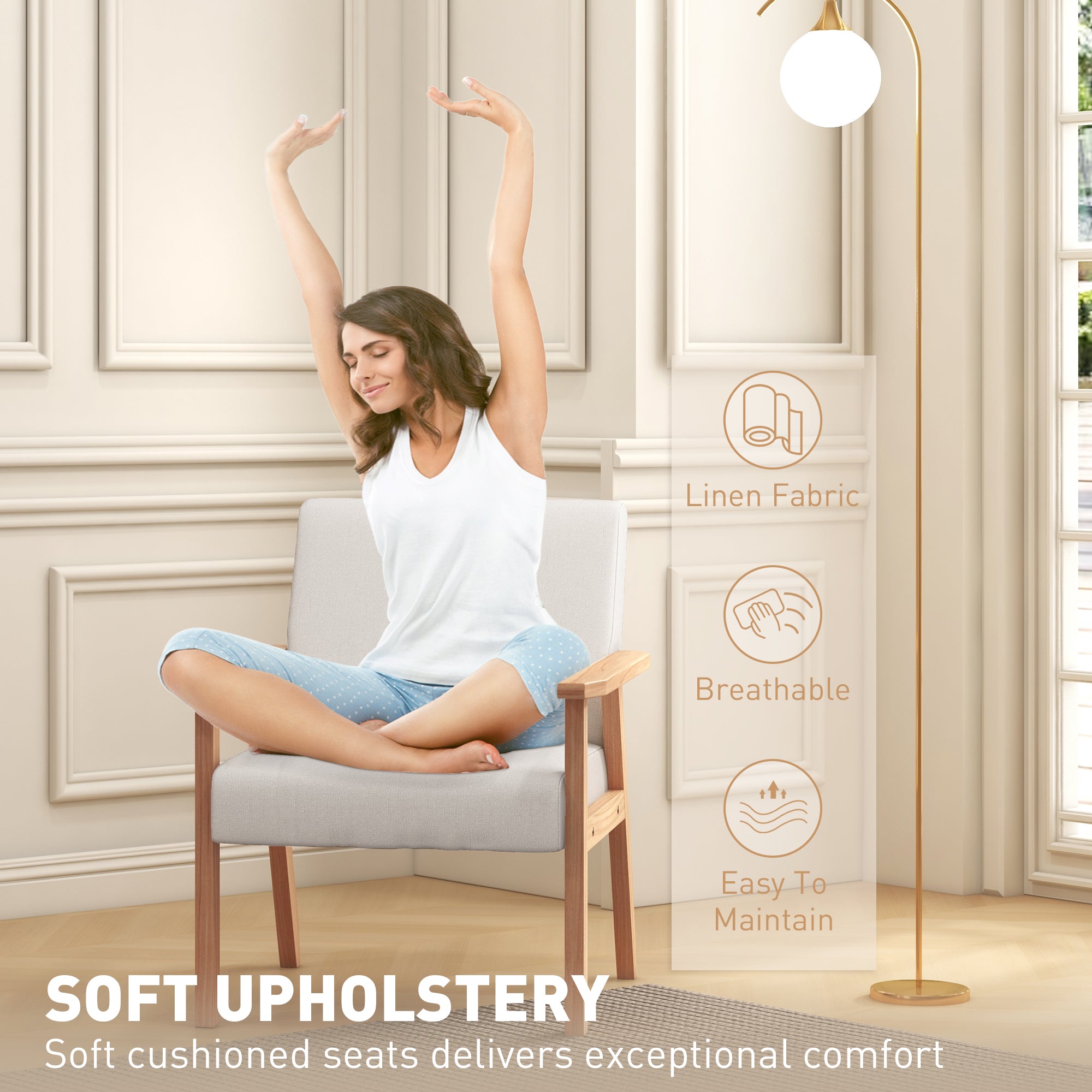 HOMCOM Modern Armchair, Linen Upholstered Accent Chair with Solid Wood Legs and Wide Seat, Padding Lounge Chair for Living Room Bedroom Office, Cream White